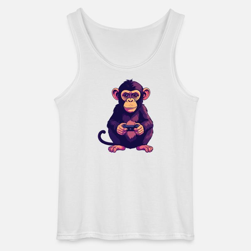 Monkey on controller playing console gaming - Gildan Men’s Tank Top - white