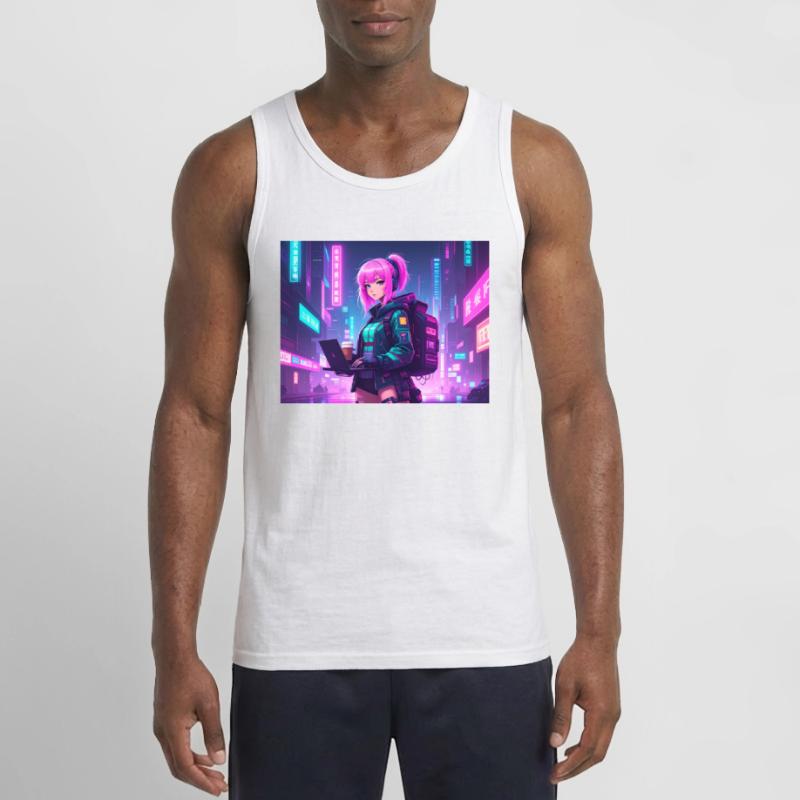 Neon Hacker Girl – Ready to Code & Conquer Gildan Men’s Tank Top