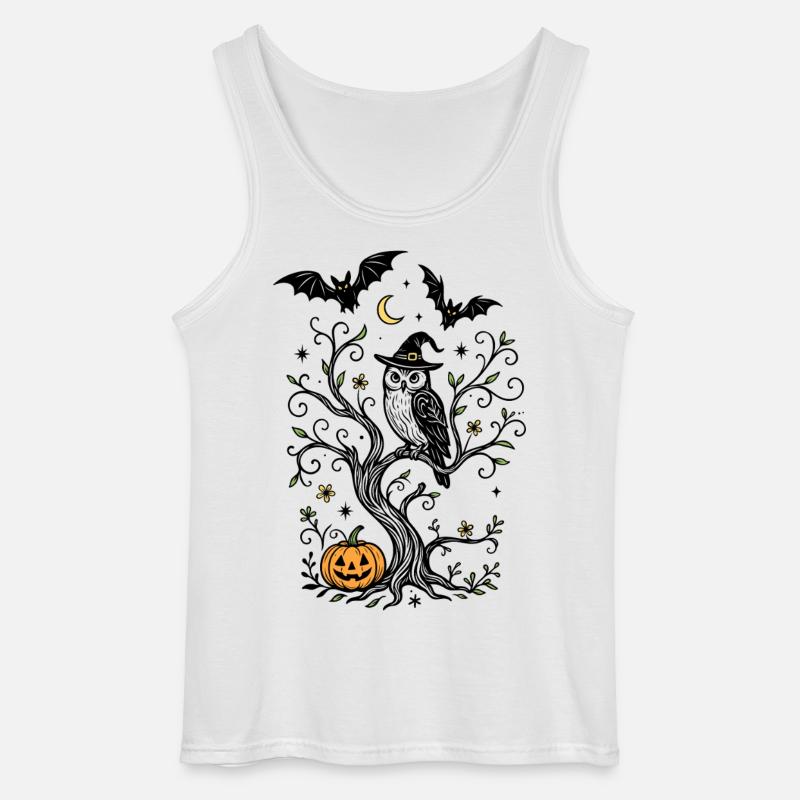 Hexeneule im Baum mit Kürbis - Halloween - Gildan Männer Tank Top - Weiß