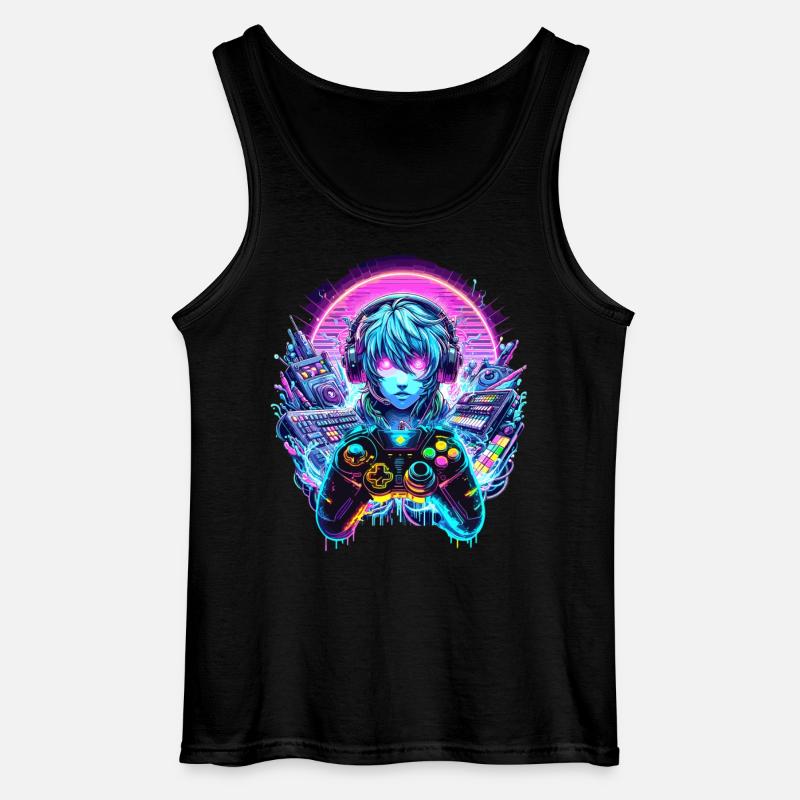 Gamer Headset Anime Synthwave Art - Gildan Männer Tank Top - Schwarz