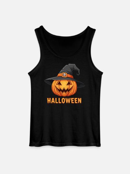 Spooky Halloween Jack-o'-lantern with witch hat - Gildan Men’s Tank Top - black