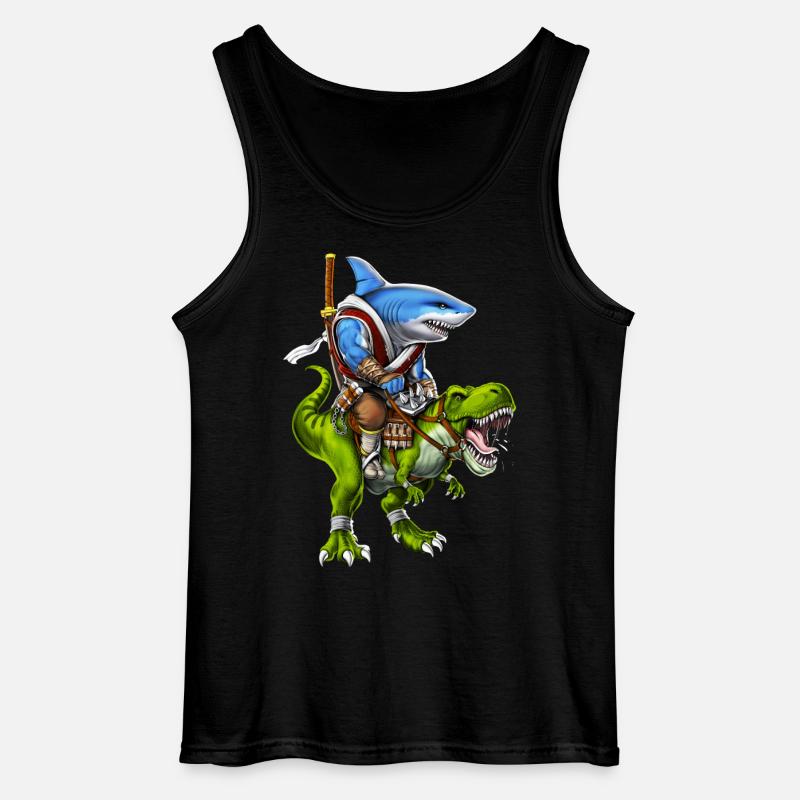 Shark Samurai Riding T-Rex Dinosaur - Gildan Men’s Tank Top - black