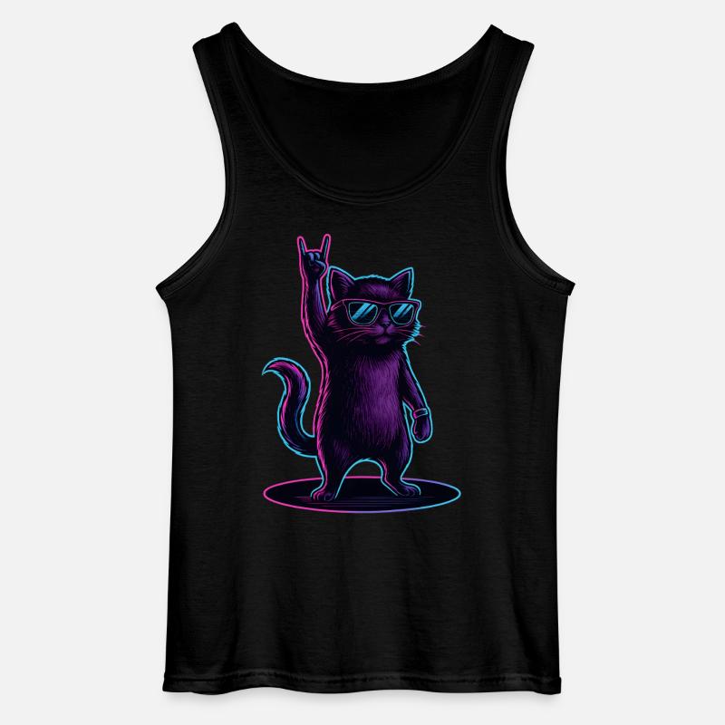 Synthwave Cat Cat with Rockhand Pose - Gildan Men’s Tank Top - black