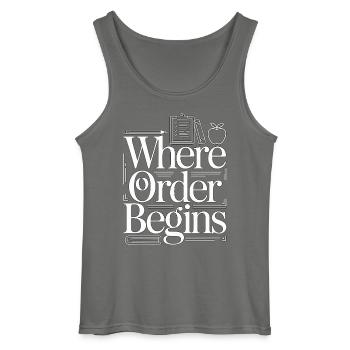 Homeroom Teacher Where Order Classroom Teacher - Gildan Men’s Tank Top - charcoal grey - Front - AI Model Male 185 dark (185cm)