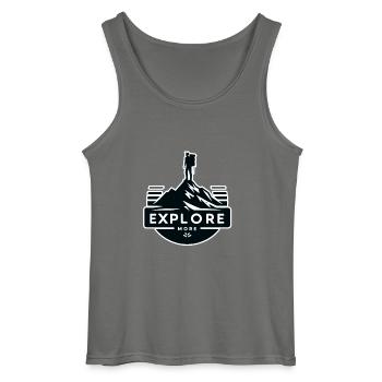 Explore more - Wanderer - Gildan Men’s Tank Top - charcoal grey - Front - AI Model Male 185 dark (185cm)