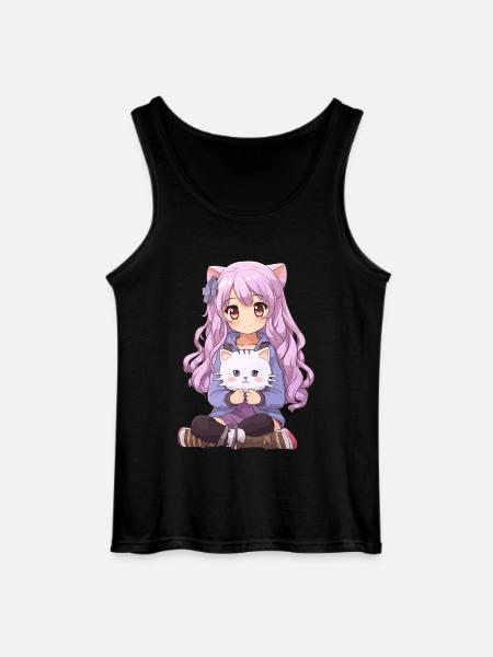 Kawaii Girl Anime Manga Fille et chat - Débardeur Gildan Homme - noir