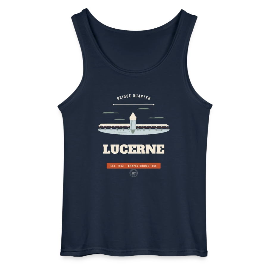 Lucerne badge on a gildan men’s tank top, navy