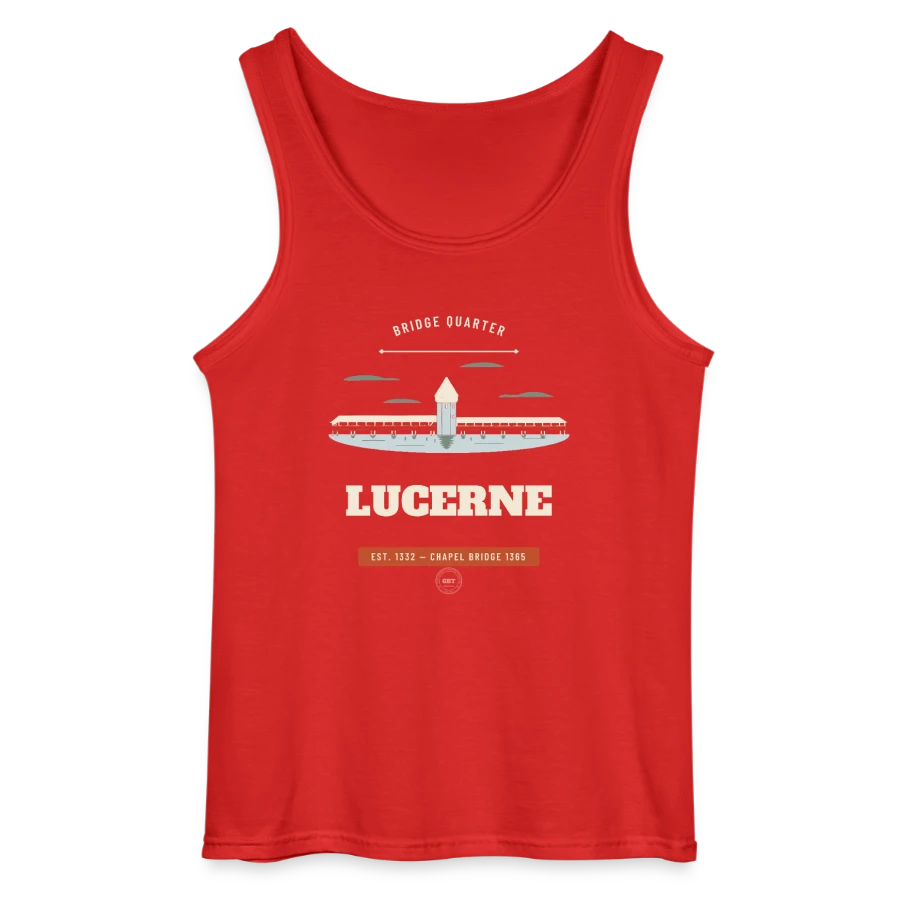 Lucerne badge on a gildan men’s tank top, red