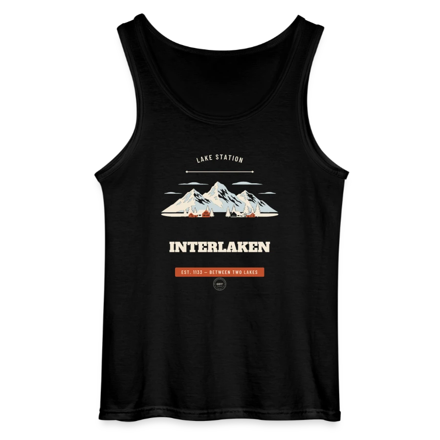 Interlaken badge on a gildan men’s tank top, black