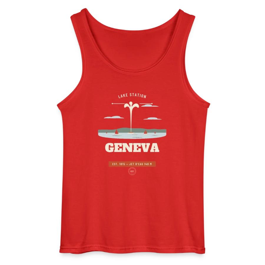 Geneva badge on a gildan men’s tank top, red