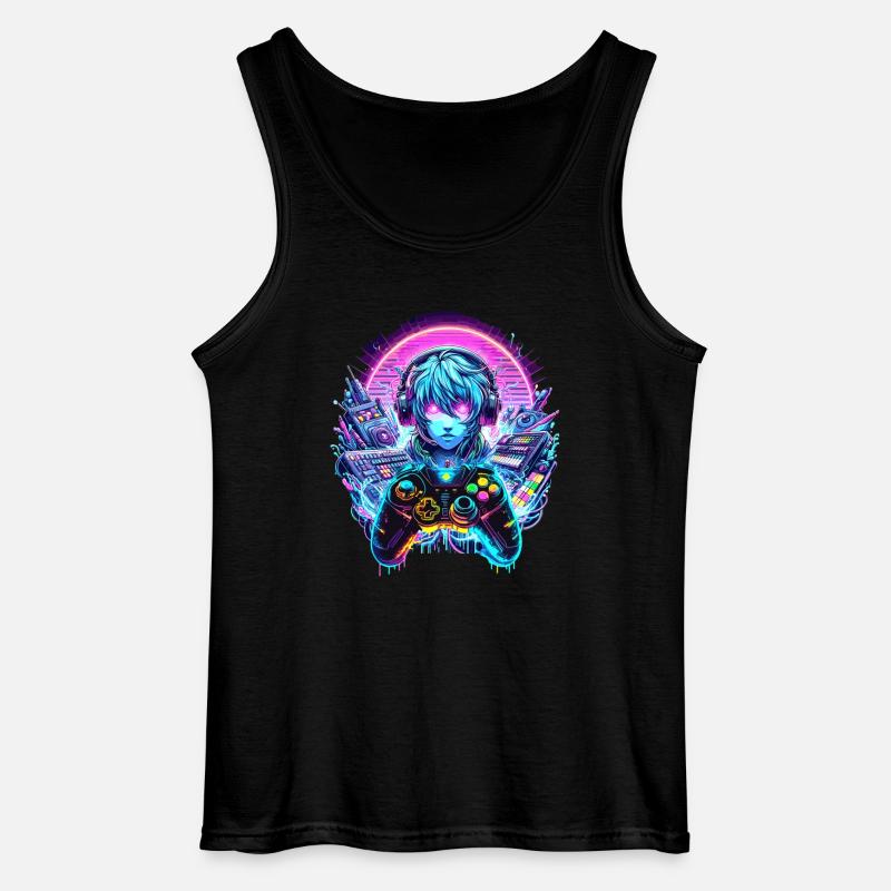 Gamer Headset Anime Synthwave Art - Gildan Männer Tank Top - Schwarz