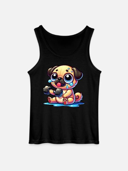 Mops med hantel rolig träning tecknad hund - Gildan tanktopp herr - svart
