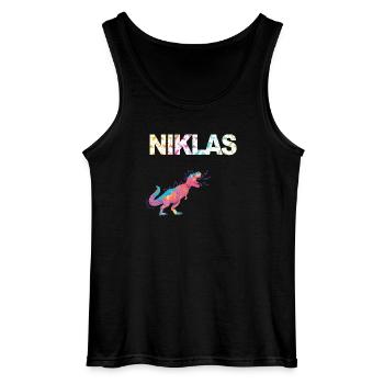 NIKLAS - Beautiful boy name with dinosaur - Gildan Men’s Tank Top - black - Front - AI Model Male 185 dark (185cm)