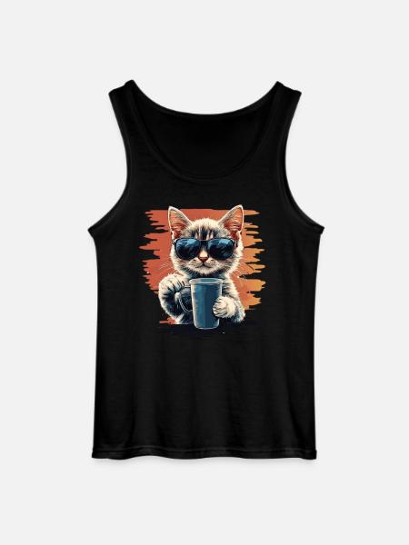 Cool cat with sunglasses & coffee - Gildan Men’s Tank Top - black