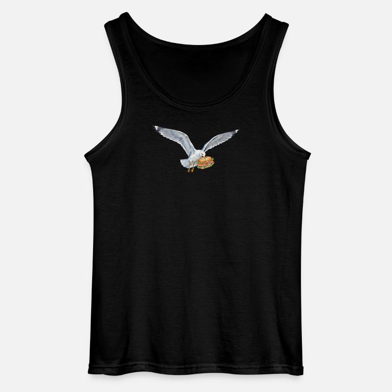 Funny Seagull Steals Fish Rolls Beach - Gildan Men’s Tank Top - black