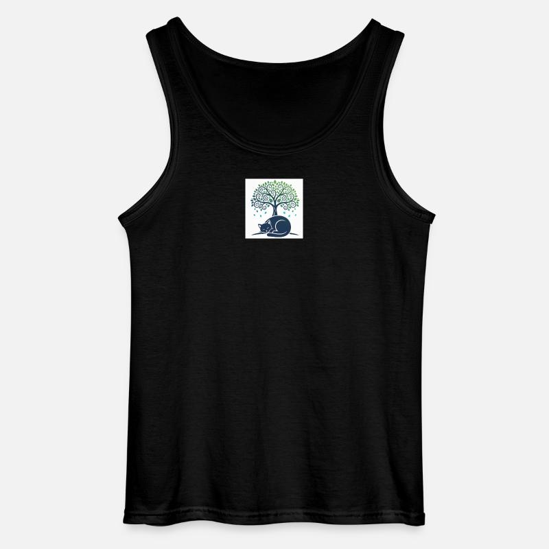 Sleeper cat under tree swirl - Gildan Men’s Tank Top - black