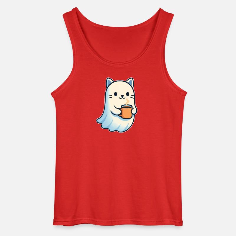 Coffee Ghost Cat with Mug - Gildan Men’s Tank Top - red