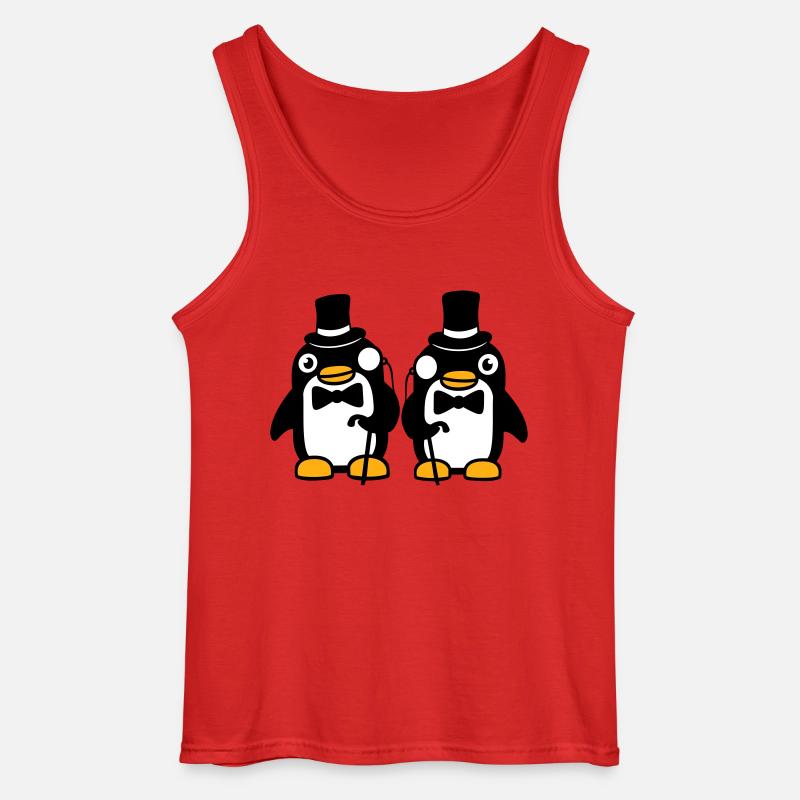 2 Penguin Gentlemen Sir Mr. Top Hat Monocle - Gildan Men’s Tank Top - red