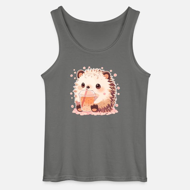 Kawaii Hedgehog Drinks Boba Bubble Tea Chibi - Gildan Men’s Tank Top - charcoal grey