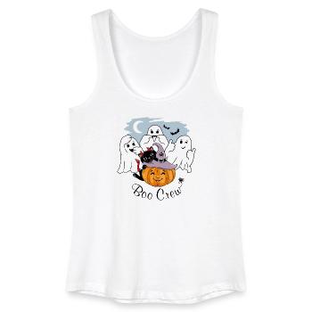 Drei lustige Geister, eine schwarze Katze und ein lächelnder Kürbis - Frauen Bio Tank Top - Weiß - Vorne