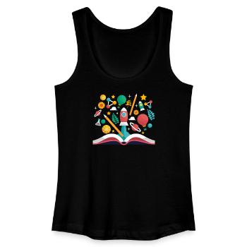 Livre ouvert avec des objets scolaires, apprendre et éduquer - Débardeur bio Femme - noir - Devant