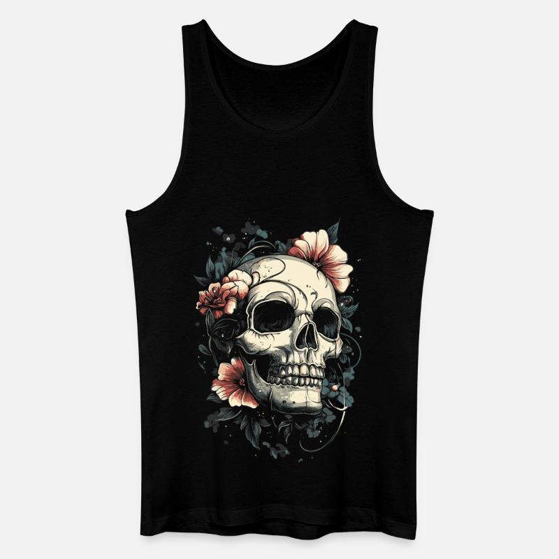 Schädel mit Blumen Tattoo-Stil - Männer Bio Tank Top - Schwarz