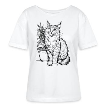 Katze mit Cannabis Pflanze Entspannter Stubentiger - Stanley/Stella Relaxed Rundhals Frauen Bio-T-Shirt SERENA - Weiß - Vorne - Anna (173cm)