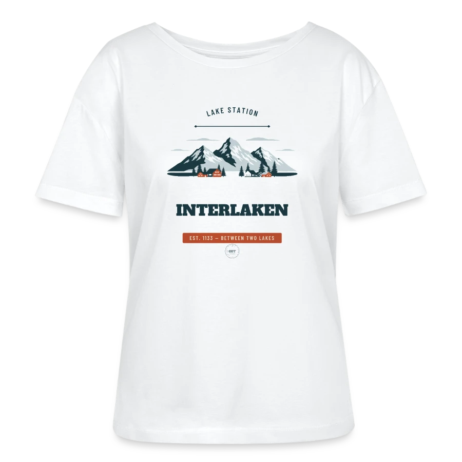 Interlaken badge on a stanley/stella serena relaxed women’s organic round neck t-shirt, white
