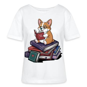 Bücherwurm-Corgi-Hund liest Bücher Kunst - Stanley/Stella Relaxed Rundhals Frauen Bio-T-Shirt SERENA - Weiß - Vorne - Anna (173cm)