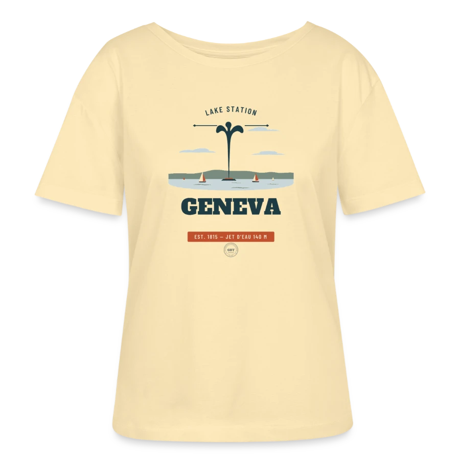 Geneva badge on a stanley/stella serena relaxed women’s organic round neck t-shirt, cream
