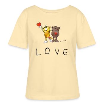 Janosch LOVE Schriftzug Tiger Und Bär - Stanley/Stella Relaxed Rundhals Frauen Bio-T-Shirt SERENA - Creme - Vorne - Anna (173cm)