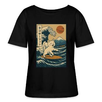 White Cat Surfing Wave Japanese Art Mount Fuji - Stanley/Stella SERENA Relaxed Women’s Organic Round Neck T-shirt - black - Front - Anna (173cm)