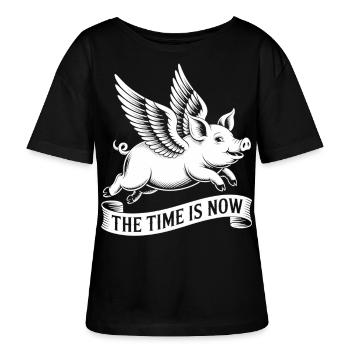 Die Zeit ist jetzt – Flieg, Schwein, flieg - Stanley/Stella Relaxed Rundhals Frauen Bio-T-Shirt SERENA - Schwarz - Vorne - Anna (173cm)
