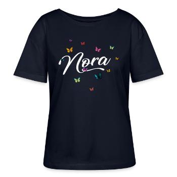 NORA - Mädchen Name mit bunten Schmetterlingen - Stanley/Stella Relaxed Rundhals Frauen Bio-T-Shirt SERENA - Navy - Vorne - Anna (173cm)