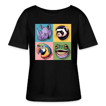 Popart bunt Nashorn Mader Papagei Frosch blau grün - Stanley/Stella Relaxed Rundhals Frauen Bio-T-Shirt SERENA - Schwarz - Vorne - Anna (173cm)
