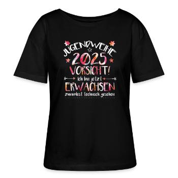 Jugendweihe 2025 Vorsicht! Ich bin jetzt erwachsen - Stanley/Stella Relaxed Rundhals Frauen Bio-T-Shirt SERENA - Schwarz - Vorne - Anna (173cm)