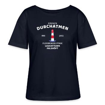 Flensburger Förde, Leuchtturm Falshöft, Durchatmen - Stanley/Stella Relaxed Rundhals Frauen Bio-T-Shirt SERENA - Navy - Vorne - Anna (173cm)