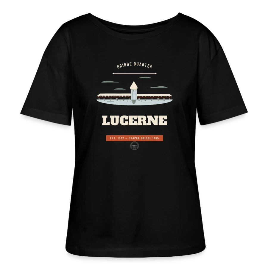 Lucerne badge on a stanley/stella serena relaxed women’s organic round neck t-shirt, black