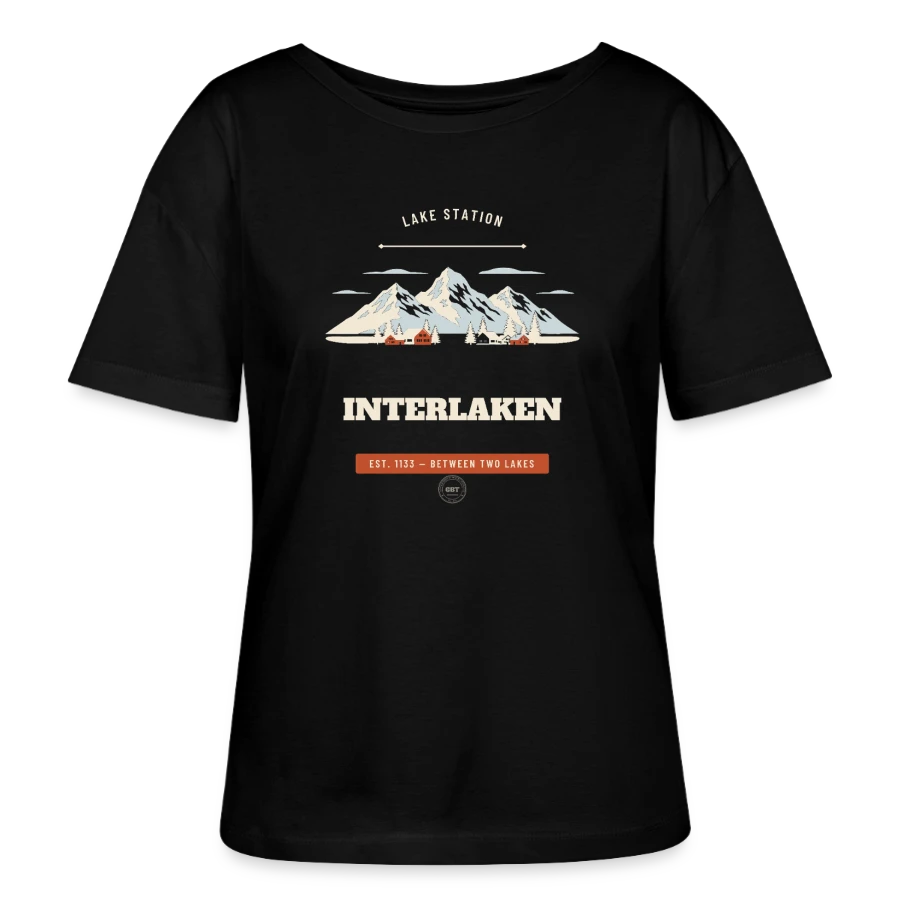 Interlaken badge on a stanley/stella serena relaxed women’s organic round neck t-shirt, black