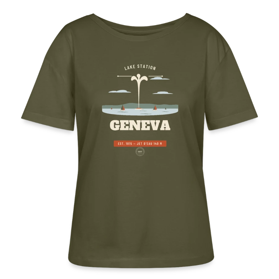 Geneva badge on a stanley/stella serena relaxed women’s organic round neck t-shirt, khaki