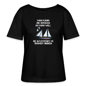 Achtersiet is ümmer hinnen Plattdeutsch Spruch - Stanley/Stella Relaxed Rundhals Frauen Bio-T-Shirt SERENA - Schwarz - Vorne - Anna (173cm)