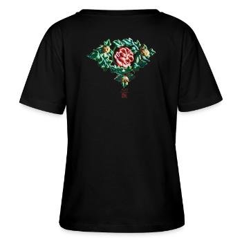 Chinesisch_Blumen_Verbotene Stadt_Pfingstrose1420 - Stanley/Stella Relaxed Rundhals Frauen Bio-T-Shirt SERENA - Schwarz - Hinten - Anna (173cm)