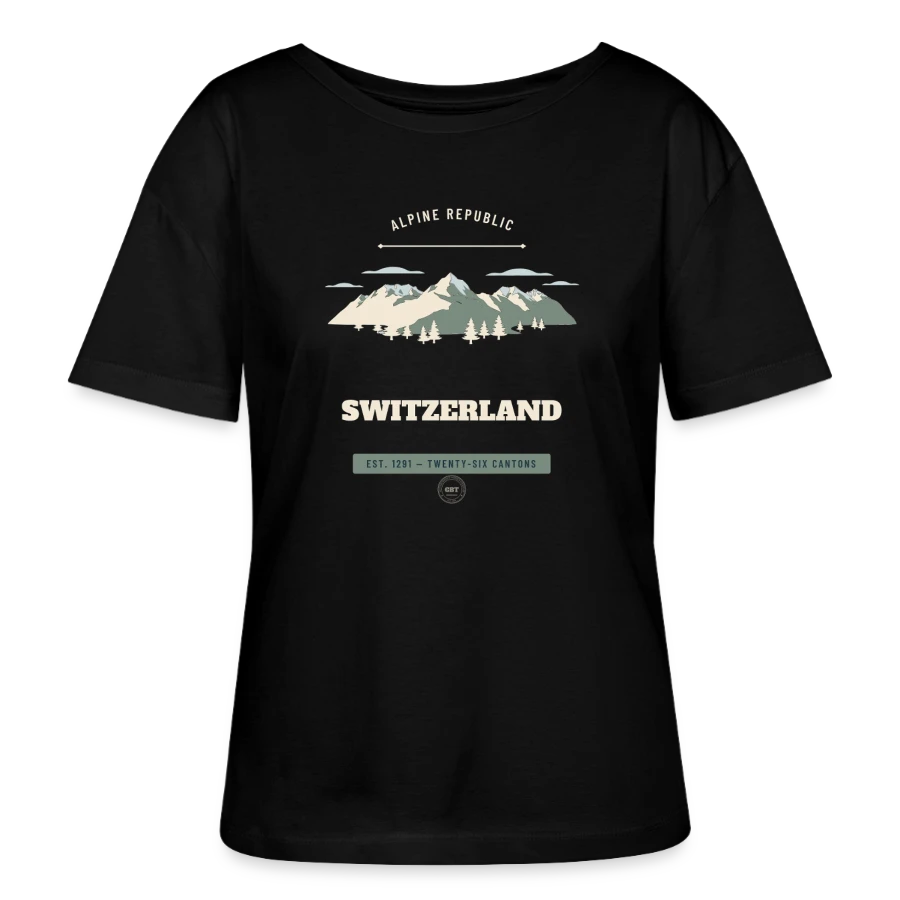 Switzerland badge on a stanley/stella serena relaxed women’s organic round neck t-shirt, black