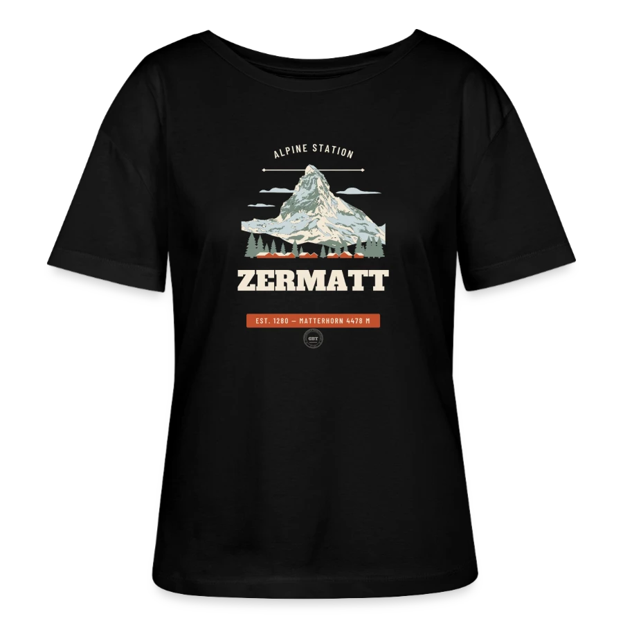 Zermatt badge on a stanley/stella serena relaxed women’s organic round neck t-shirt, black
