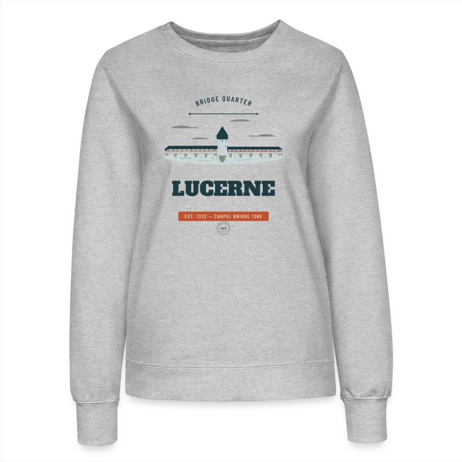 Lucerne badge on a women’s sweatshirt, heather grey