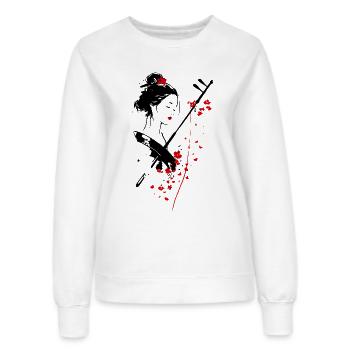 Geisha Shamisen – Sakura-Blumen | Japo Eleganz - Frauen Sweatshirt - Weiß - Vorne - AI Model Female 172 dark (172cm)