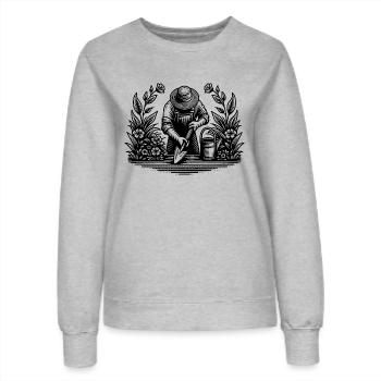 Hobbygärtner beim gärtnern im Blumenbeet - Frauen Sweatshirt - Grau meliert - Vorne - AI Model Female 172 dark (172cm)