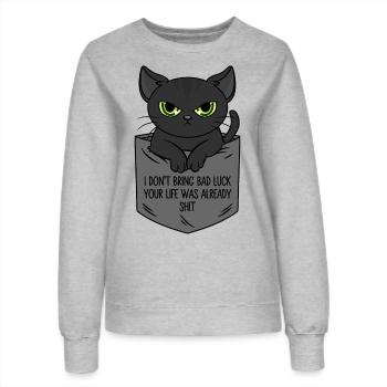 Schwarze Katze Brusttasche Ich bringe kein Unglück - Frauen Sweatshirt - Grau meliert - Vorne - AI Model Female 172 dark (172cm)