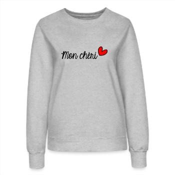 MON CHERI. CHERI. LOVE. JUST MARRIED. JE T'AIME - Sweat Femme - gris chiné - Devant - AI Model Female 172 dark (172cm)