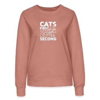 Cats first coffee second - Frauen Sweatshirt - Altrosa - Vorne - AI Model Female 172 dark (172cm)